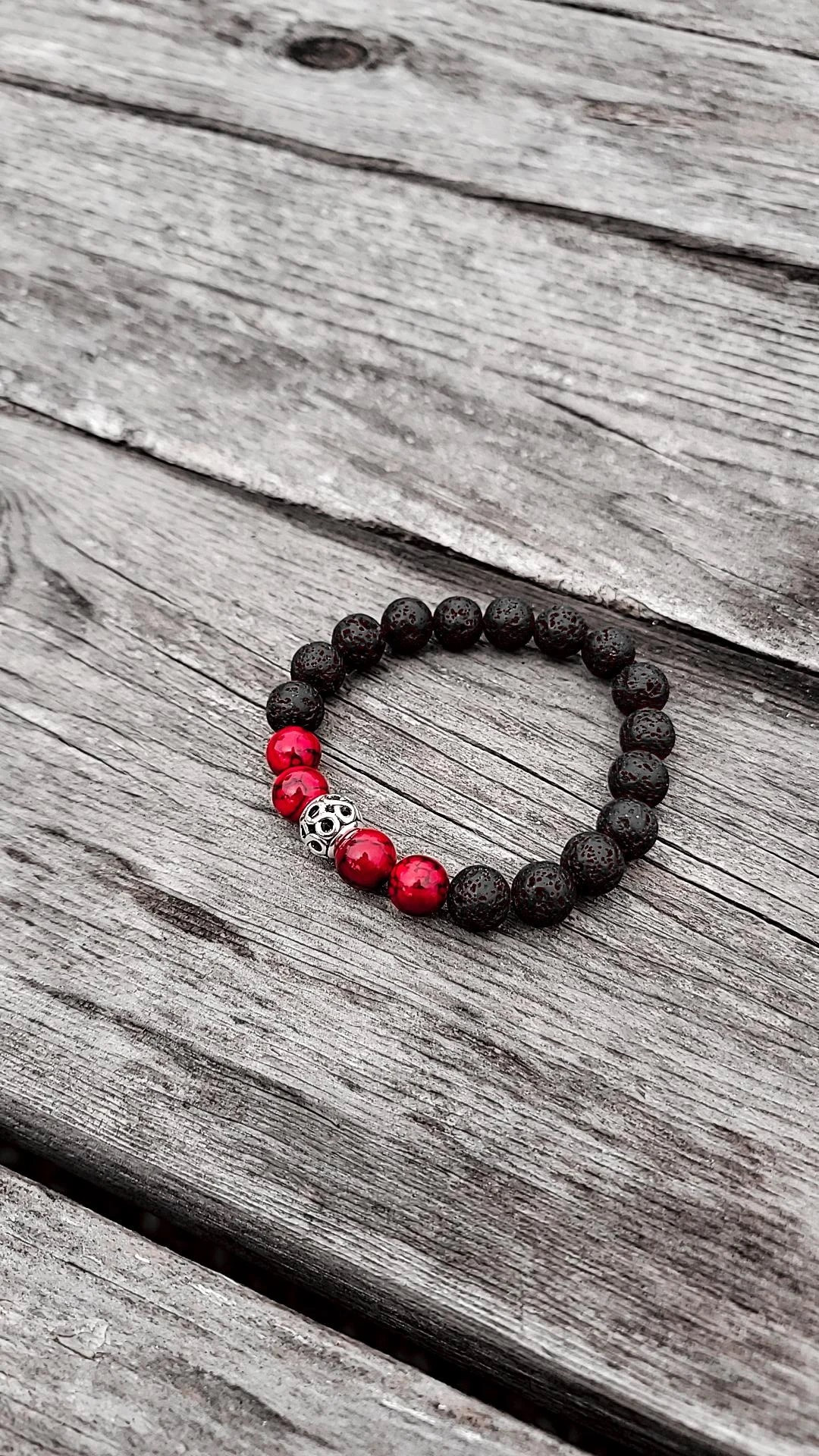 Brass N' Beads Red Cracked Beads & Lava Rock Bracelet / Size Large / Large Beads ( Ready to Ship / 7C )